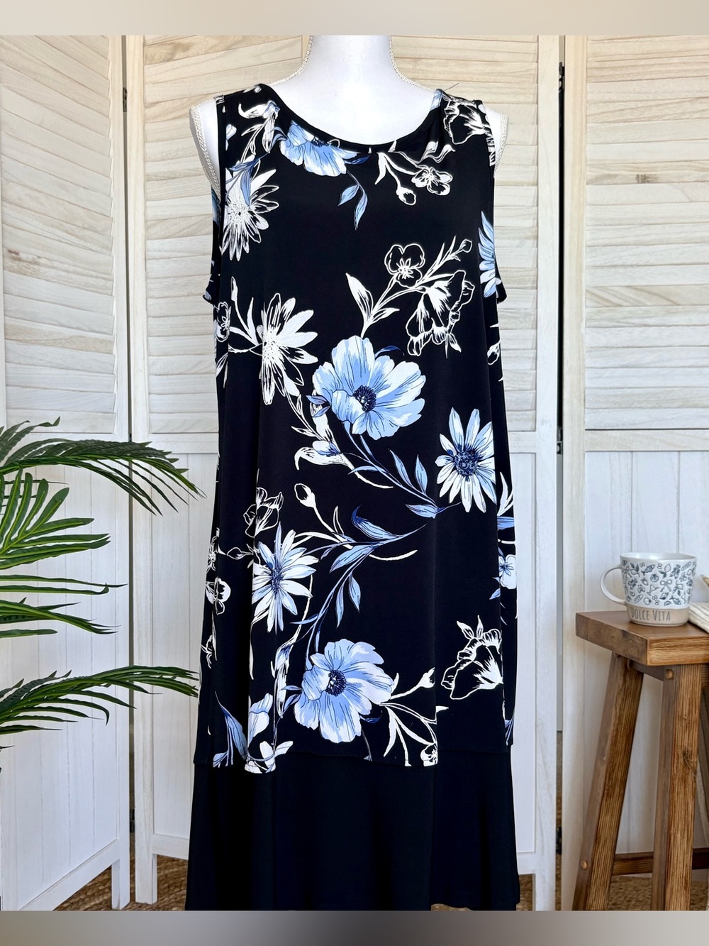 Ronni Nicole XL Black Blue Floral Midi Dress Sleeveless Stretch Swing Flounce He - Picture 2 of 10